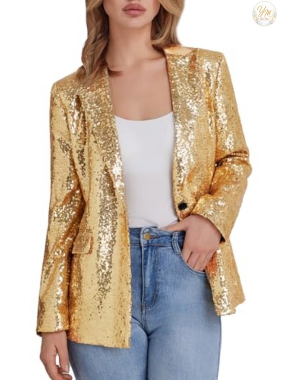 Sequin Blazer Long Sleeve One Button Peak Lapel Formal Party Jacket